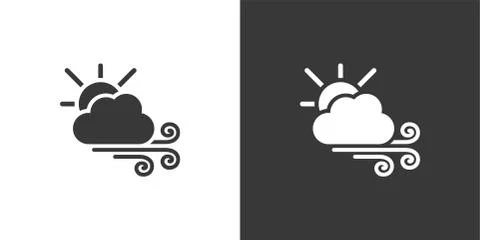Strong wind, sun and cloud. Isolated icon on black and white background. Weat Stock Illustration