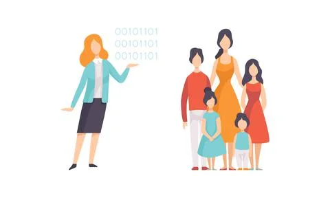 Strong Woman with Binary Key and Standing with Children Vector Set Stock Illustration
