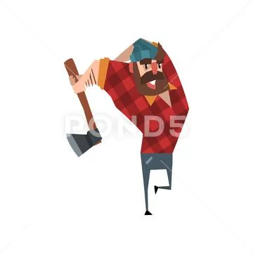Strong woodcutter swinging an ax. Bearded lumberjack. Cartoon man character in Stock Illustration