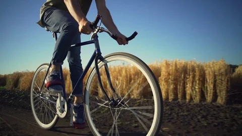 Strong young boy riding bicycle near wheat field sundown slow motion rapid Video stock 78042184