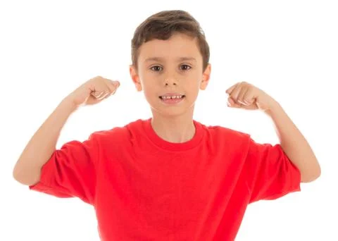Strong young boy showing his biceps muscles Stock Photos