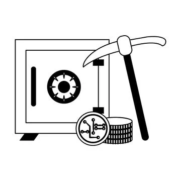 Strongbox and cryptocurrency coins with mining pick in black and white Stock Illustration