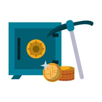 Strongbox and cryptocurrency coins with mining pick Vector illustration Stock Illustration