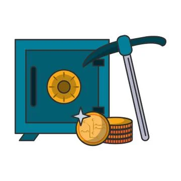 Strongbox and cryptocurrency coins with mining pick Stock Illustration