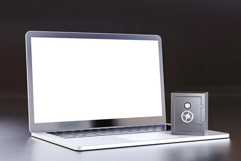 Strongbox on laptop with blank screen. 3d render Foto stock