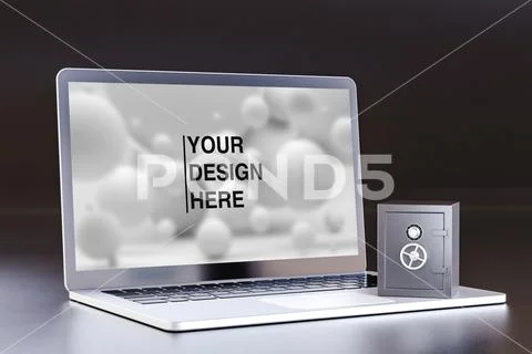 Strongbox on laptop with blank screen Modello PSD