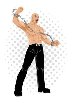 Strongman breaking chains Stock Illustration