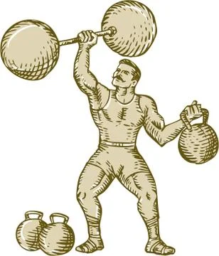 Strongman Lifting Barbell Kettlebell Etching Stock Illustration