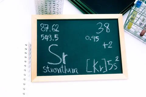 Strontium and symbol structural formula chemical on the blackboard 写真素材