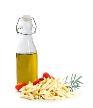Strozzapreti with tomatoes on white background Stock Photos