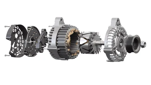 Structire and scheme of car alternator, generator isolated on white. 3d vid.. Stock Footage 249417489
