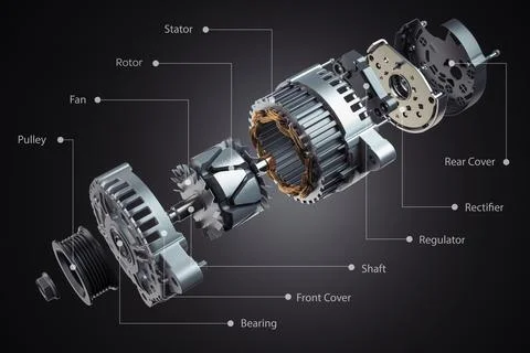 Structire and scheme of car alternator, generator on black. Structire and s.. Stock Illustration