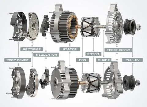 Structire and scheme of car alternator, generator isolated on white. Struct.. Stock Illustration