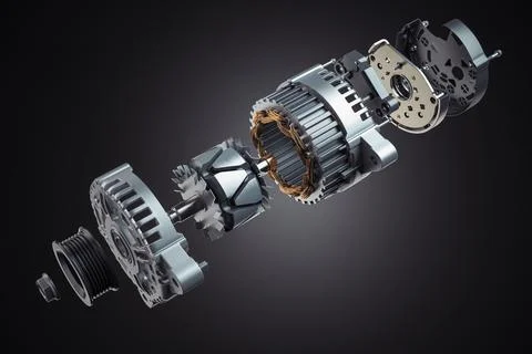 Structire and scheme of car alternator, generator on black. Structire and s.. Stock Illustration