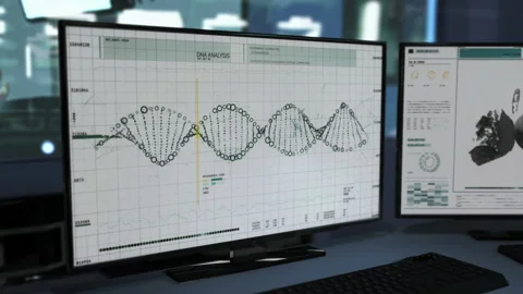 The structural analysis of the DNA strand on the main screen. Medical Research. Stock Footage 198935296