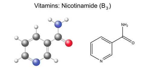 Structural chemical formula and model of niacinamide (nicotinamide, b3) vitam Stock-Illustration