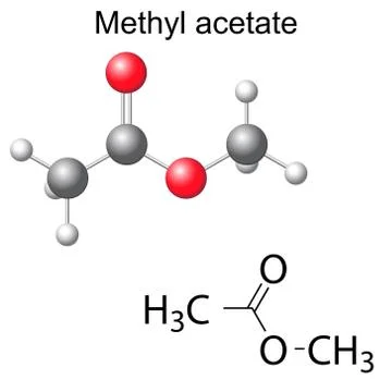 Structural chemical formula and model of methyl acetate Ilustración de archivo