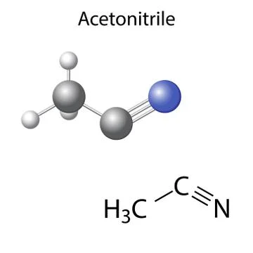 Structural chemical formula and model of acetonitrile molecule Stock Illustration