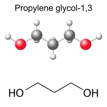 Structural chemical formula and model of propylene glycol -1,3 Stock Illustration