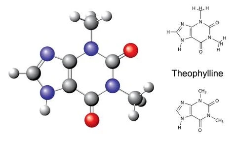 Structural chemical formula and model of theophylline molecule Ilustración de archivo