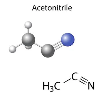 Structural chemical formula and model of acetonitrile molecule Illustrazione stock