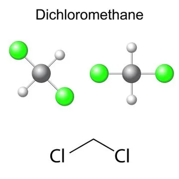Structural chemical formula and model of dichloromethane molecule Ilustración de archivo