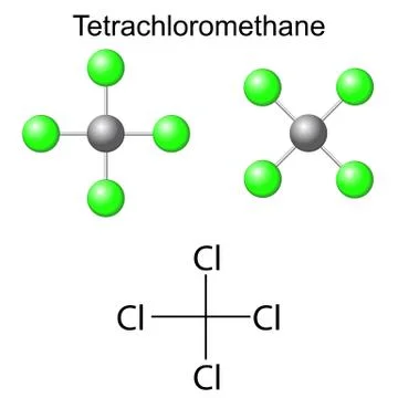 Structural chemical formula and model of carbon tetrachloride molecule Stock Illustration