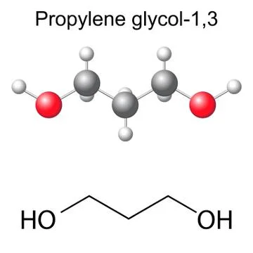 Structural chemical formula and model of propylene glycol -1,3 Illustrazione stock