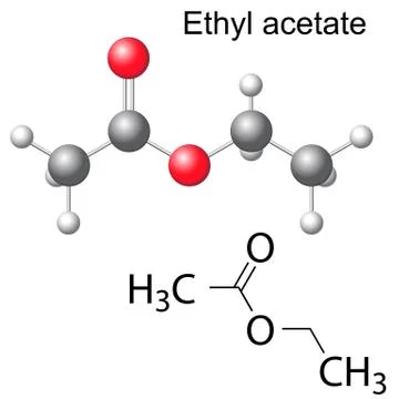 Structural chemical formula and model of ethyl acetate Stock Illustration
