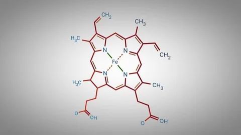 Structural chemical formula of Heme molecule animating over gradient background Stock Footage 107834524