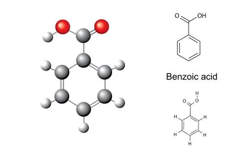 Structural chemical formulas and model of benzoic acid Stock Illustration