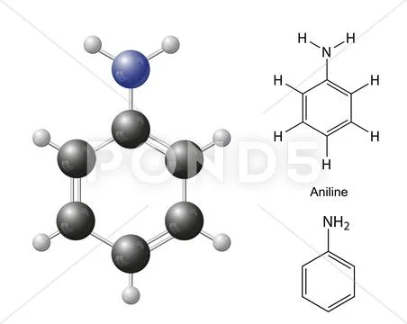 Structural chemical formulas and model of aniline molecule: Royalty ...