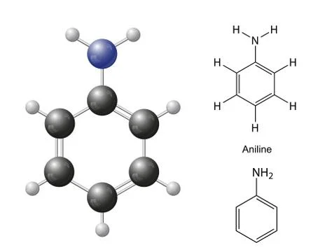 Structural chemical formulas and model of aniline molecule Иллюстрация