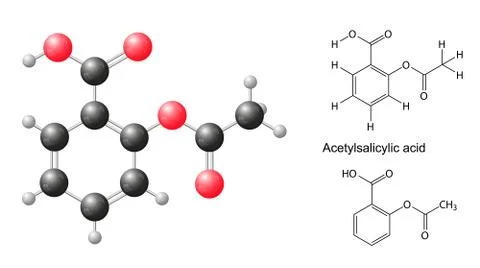Structural chemical formulas and model of acetylsalicylic acid molecule Stock Illustration