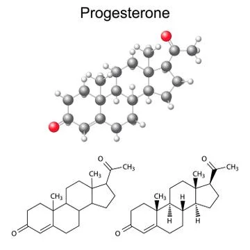 Structural chemical formulas and model of progesterone molecule Illustrazione stock