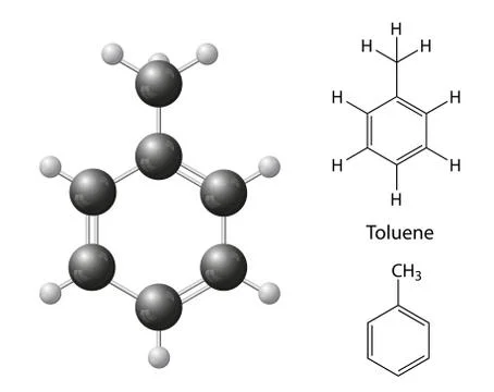 Structural chemical formulas and model of toluene molecule Stock Illustration