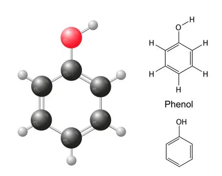 Structural chemical formulas and model of phenol molecule Stock Illustration