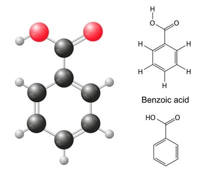 Structural chemical formulas and model of benzoic acid molecule Ilustración de archivo