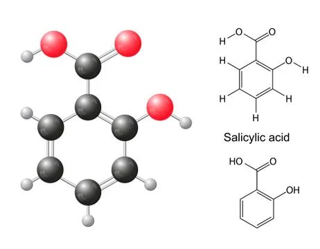 Structural chemical formulas and model of salicylic acid molecule Stock Illustration