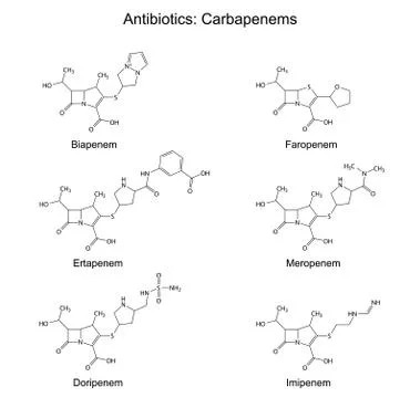 Structural chemical formulas of beta-lactam antibiotics - carbapenems Stock Illustration