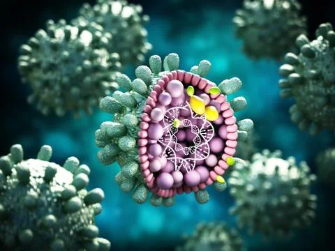 Structural detail of Hepatitis B virus on blue-green background. 3D illustrat Stock Illustration