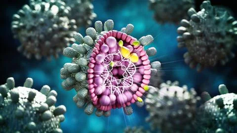 Structural detail of Hepatitis B virus on blue-green background. 3D illustr.. Stock Illustration