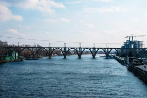 Structural elements of the old, built in the USSR, railway bridge across th.. Stock Photos