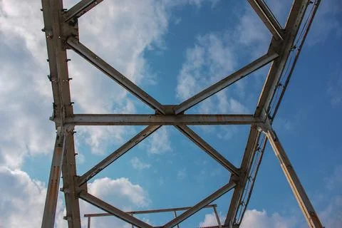 Structural elements of the old pedestrian bridge built in the USSR across t.. Stock Photos