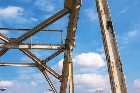Structural elements of the old pedestrian bridge built in the USSR across t.. Stock Photos