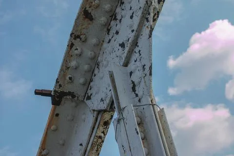 Structural elements of the old pedestrian bridge built in the USSR across t.. Stock Photos