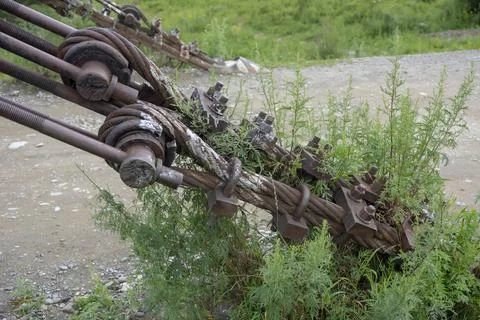 Structural elements of a suspended metal bridge over the Katun River Fotos Stock