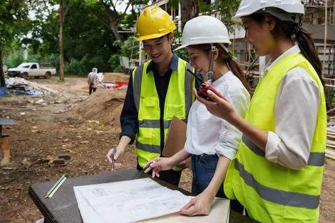 Structural engineer and architect discussing and working with blueprints at the Fotos de archivo