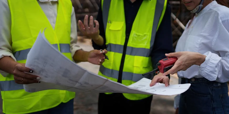 Structural engineer and architect discussing and working with blueprints at the Stock Photos
