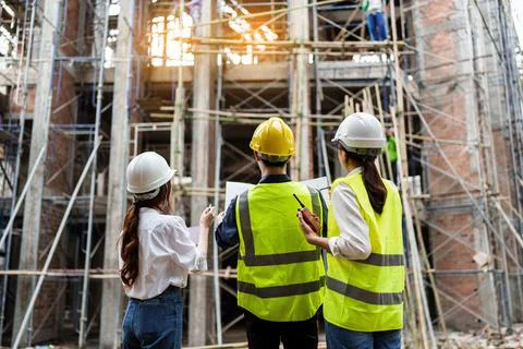 Structural engineer and architect discussing and working with blueprints at the Stock Photos